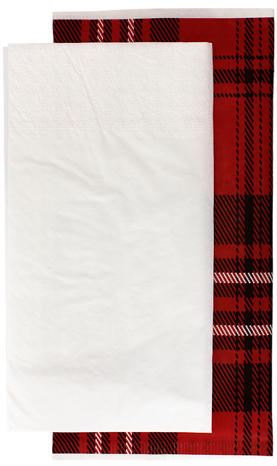 Bestecktaschen Scottish Red, 27x13 cm mit innenliegender Serviette, Zellstoff, hochweiß, 48x48 cm, 2-lagig, Kopffalz