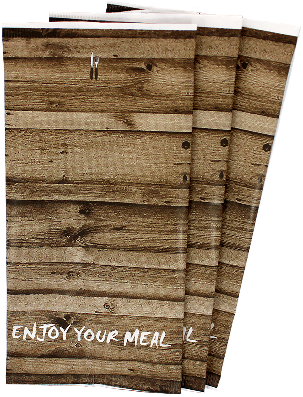 Bestecktaschen Enjoy Your Meal, 27x13 cm mit innenliegender Serviette, Tissue, hochweiß, 48x48 cm, 2-lagig, Kopffalz